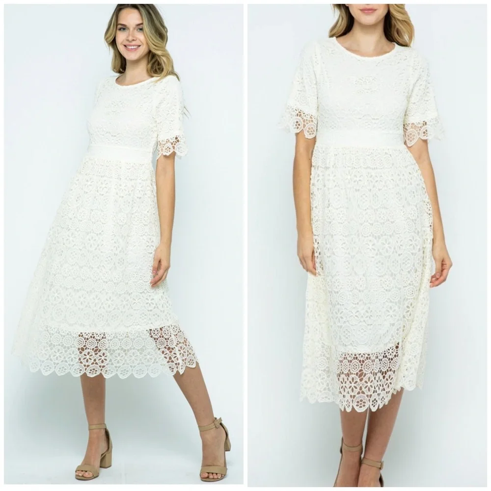 LAST 1❗️POLAGRAM White Embroidery Crochet Midi Dress - Picture 7 of 14